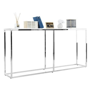 Consola de living DacEnergy©, design minimalist si modern, constructie din otel, blat MDF, 160 x 30 x 77 cm, crom si alb