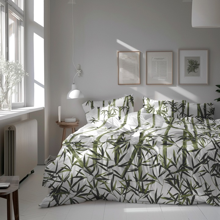 Set lenjerie de pat dubla, Bedora, King Size, Bamboo, TC200, 4 piese, 200x220 cm, bumbac satinat