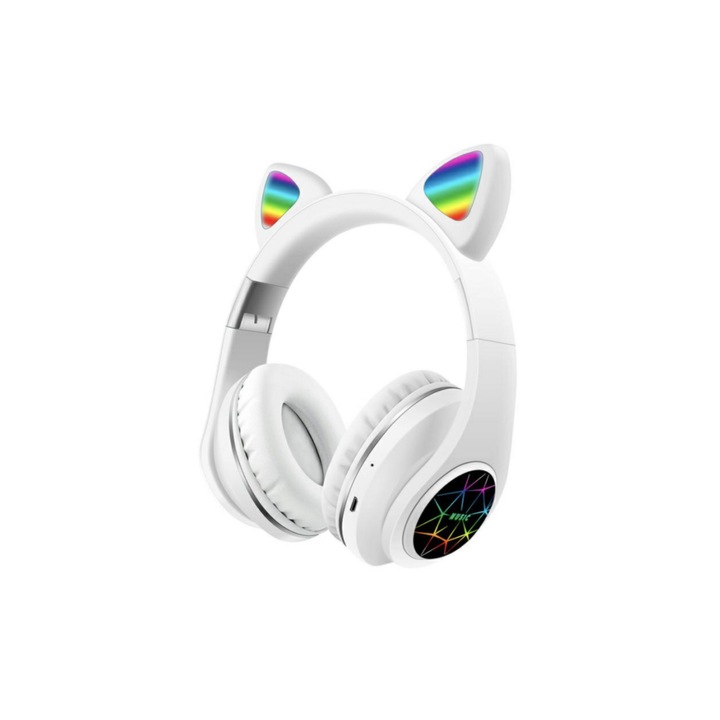 Безжични слушалки с котешки уши и разноцветни светлини, bluetooth 5.0, Бели