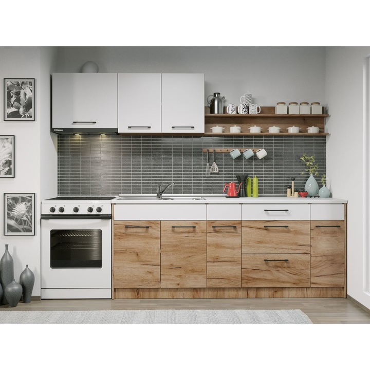 Set Bucatarie Gastro, 260cm, c15, culoare /AlbStejarAuriu, Pal melaminat