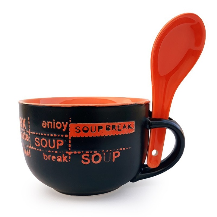 Bol pentru supa cu toarta si lingura, 400ml, portocaliu