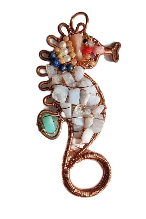 Pandantiv dama Calut de mare, bleu cu sarma de cupru, pietre semipretioase, 7.5 cm