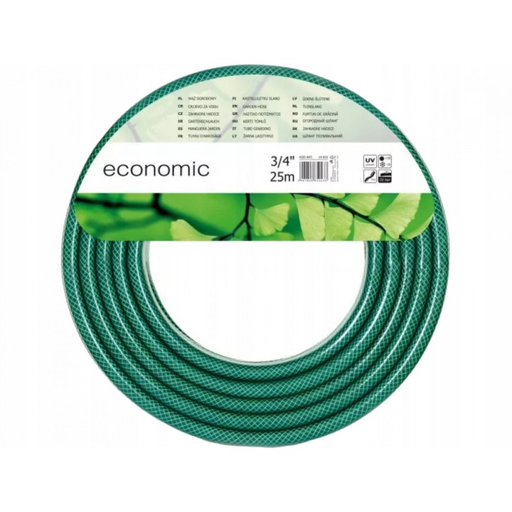 Комплект градински маркуч за напояване с армировка ECONOMIC Cellfast, 3/4", дължина 25 м, 3 слоя