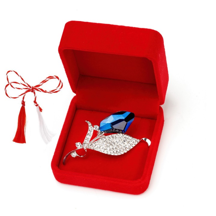 Martisor brosa lalea cu strasuri in cutie de catifea, albastru