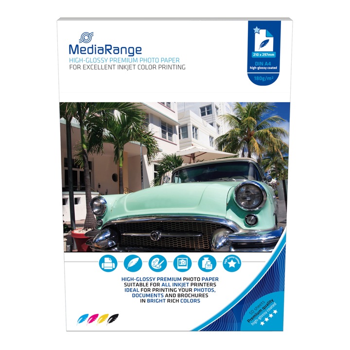 Hartie foto MediaRange A4, 180g/m, set 50 coli, lucios