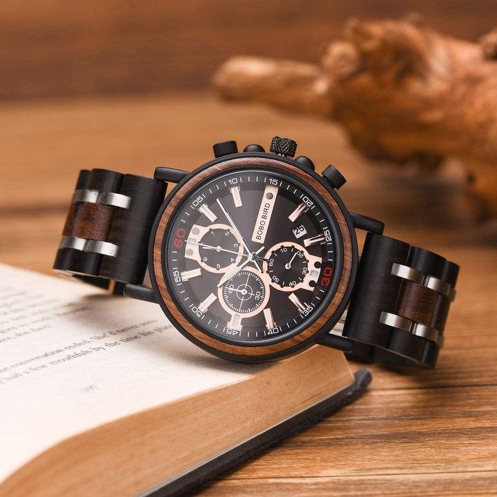 Ceas barbatesc Bobo Bird Cronograf Multifunctional Afisaj Analog Mecanism Quartz