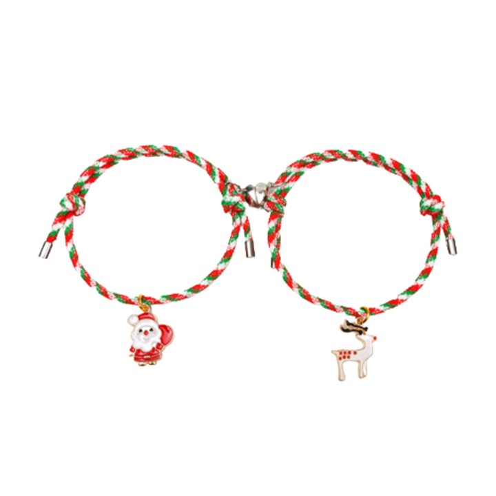 Set 2 bratari impletite cu motive de craciun si inimioara magnetica, model mos craciun si renul lui, reglabila