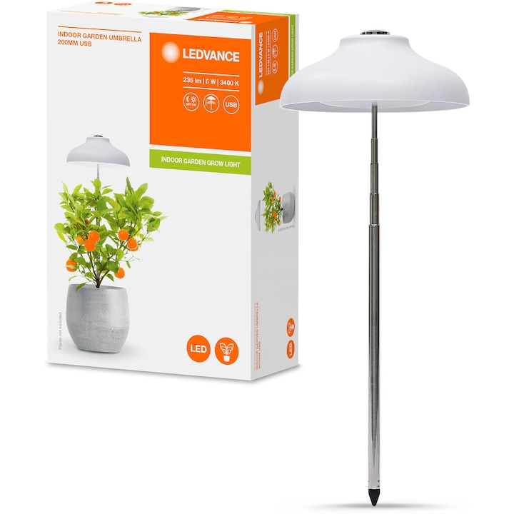Ledvance Indoor Garden Umbrella hordozható növénynövekedési lámpa, 5W, 235 lm, meleg fény (3400K), nappali/éjszakai ciklust imitál, USB töltés
