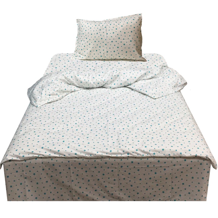 Комплект спално бельо за един човек от три части, бял/тюркоаз, за матрак 90см от колекция "Stelute" от памук ранфорс на Liz Line - LSR16