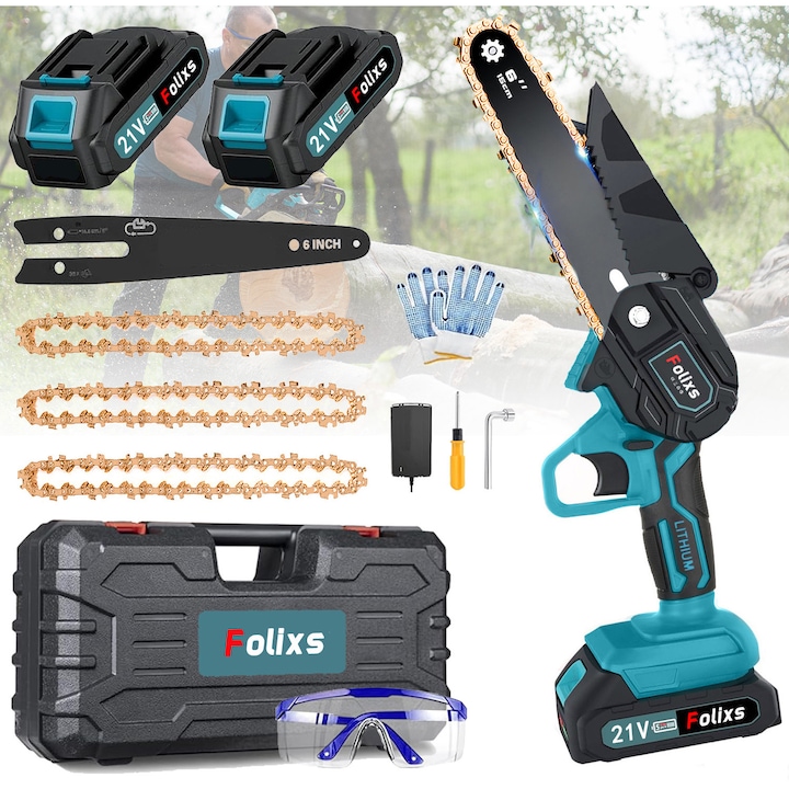 Fierastrau mini cu lant, Folixs®, 6'', 1500mAh, putere 550W, 3 lanturi, 2 Baterii, 21V, Iluminare LED, fast charging, Albastru, (mini drujba)