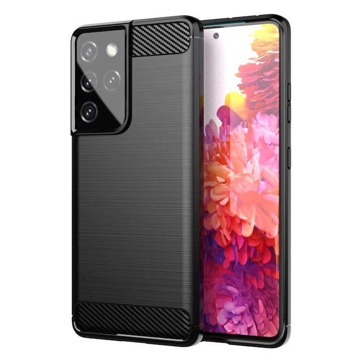 Samsung S21 Ultra, G998 tok - szilikon matt érintés, karbon design, ecsetcsíkok, fekete
