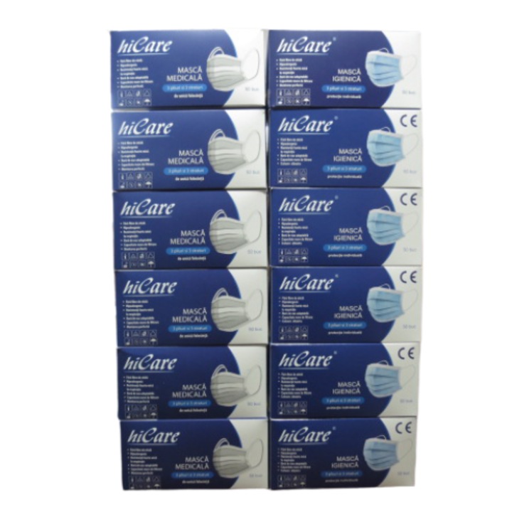 Комплект маски HiCare, Mедицински маски BFE>98% и хигиенни маски BFE>95%, 3-слойни, 3 сгъвки, Cин, 600 броя