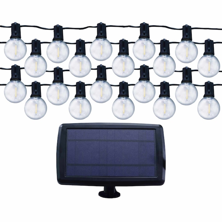 Ghirlanda luminoasa LED cu panou solar Lohuis, pentru exterior, 25 becuri filament LED G40, 7.6m, acumulator 18650, 2700K