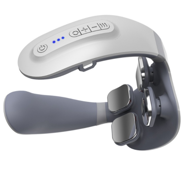 Масажор за врат, Електромагнитен импулс, Функция за вибрация и загряване, 4 електрода, Регулируем интензитет, USB, Бял