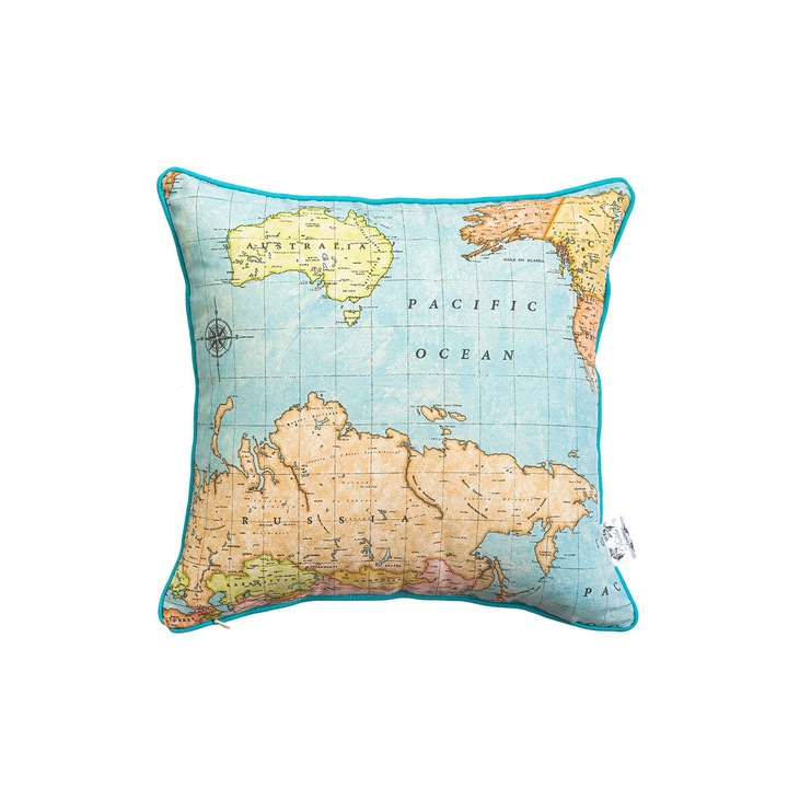 Perna decorativa Mundi Unico, model harta lumii, 45x45 cm, cu umplutura inclusa