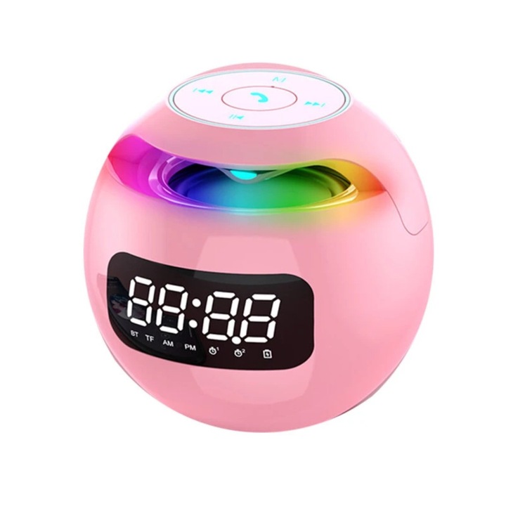 Цифров часовник с вграден високоговорител, функция FM радио, слот за Micro-SD карта, Bluetooth 5.0 връзка, LED нощна светлина със 7 различни цвята, преносим, розов
