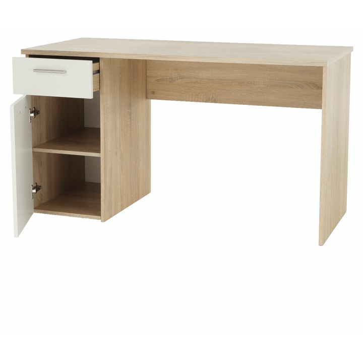 Birou, din PAL, culoare stejar sonoma/alb, cu un sertar si dulap, design modern, 137x60x76, 3 cm