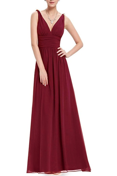Rochie lunga pentru femei, JUP, Poliester, Cu decolteu in V, Fara maneci, Cu brose, Rosu, S