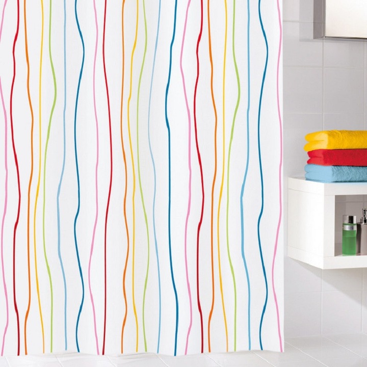 Завеса за душ Kleine Wolke, Jollie, бяло с многоцветни линии, полиестер с текстилна визия, 180 x 200 см