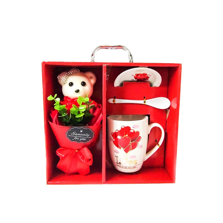 Set cana cadou Love is in the air, farfuriora, lingurita, buchet de flori si ursulet, 400 ml