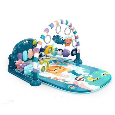 Saltea de activitati pentru bebelusi, covoras de joaca multifunctional, interactiv, 5 jucarii senzoriale, muzica si lumini, albastru, 0 luni +