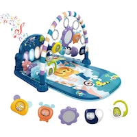 Saltea de activitati pentru bebelusi, covoras de joaca multifunctional, interactiv, 5 jucarii senzoriale, muzica si lumini, albastru, 0 luni +