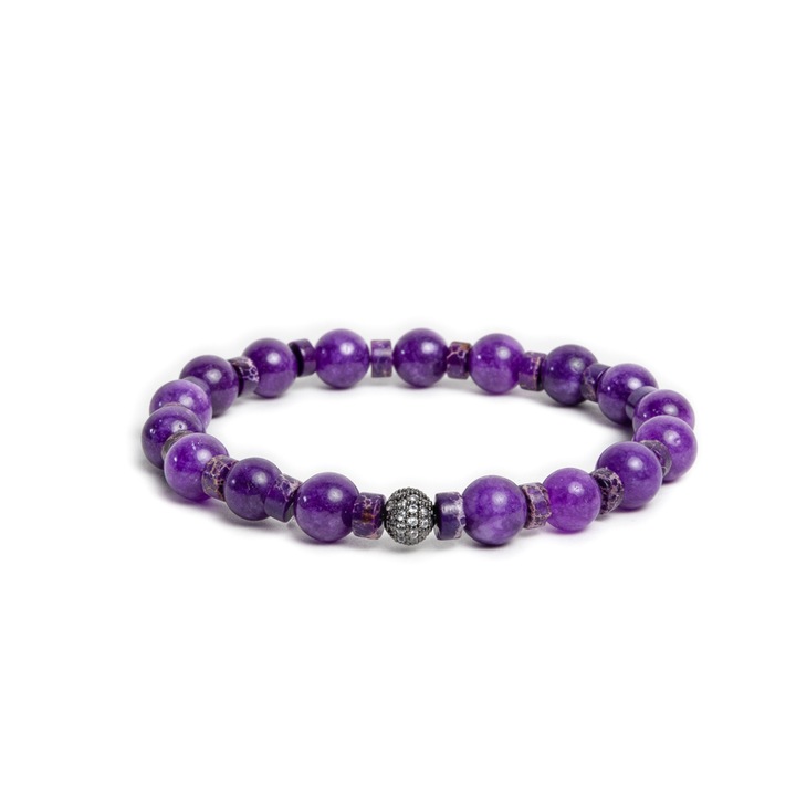 Női féldrágaköves karkötő, Ezera, Purple Jade kristályokból, Chameli, 6mm-es gömbök, 17-18 cm