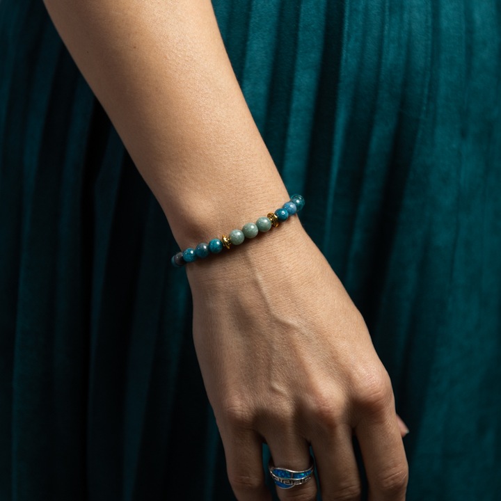 Női féldrágakő karkötő, Ezera, Blue Apatite és Green Jade kristályokból, Ekanta, 6mm-es gömbök, 17-18 cm