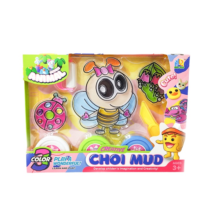 Set creativ Choi Mud, serie cu animale, 3 recipiente nisip modelator, 3 forme, cutit si ustensila pentru intins