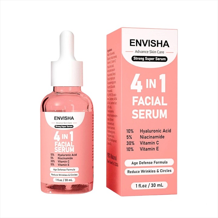 Ser Facial 4 in 1 Alhena® Envisha, Cu Acid Hialuronic 10%, Niacinamida 5%, Vitamina C 30% si Vitamina E 10%, Formula Avansata pentru Luminozitate, Anti-Rid si Hidratare Profunda, Culoare Transparent, 30 ml