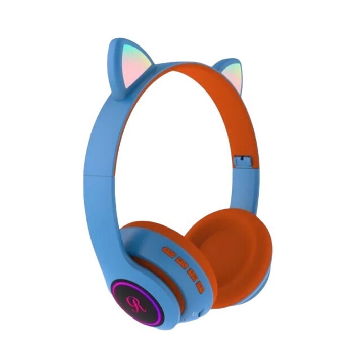 Casti bluetooth 5.0 Wireless cu urechi de pisica si speaker, VZV-66M, albastru/portocaliu