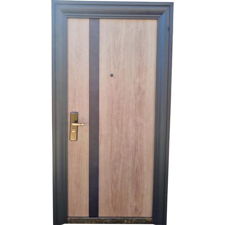 Външна метална врата с изолация и козирка Novo Doors First Class ND7008, Дясно отваряне, Размер 200X86 см, 12 см каса, Сива с дървени вложки