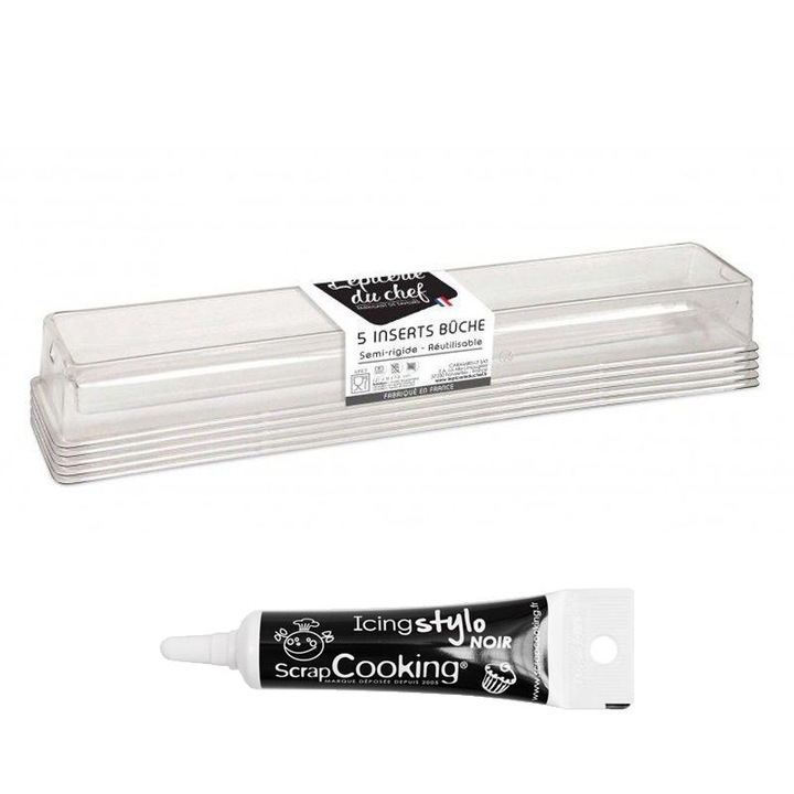 Set 5 forme pentru prajituri si un pix pentru glazura, Plastic, Transparent/Negru