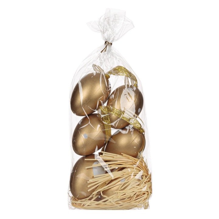6 db dekoratív húsvéti tojás készlet Shopiens® habból, arany függő pöttyös szívecskékkel és arany szalaggal, 6 cm