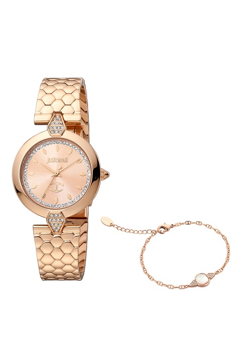 JUST CAVALLI, Set de ceas de otel inoxidabil cu cristale si bratara, Auriu rose