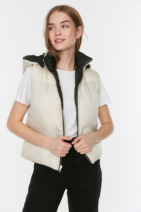 Trendyol, Kifordítható bélelt kapucnis mellény, Krémszín, Fekete, XL