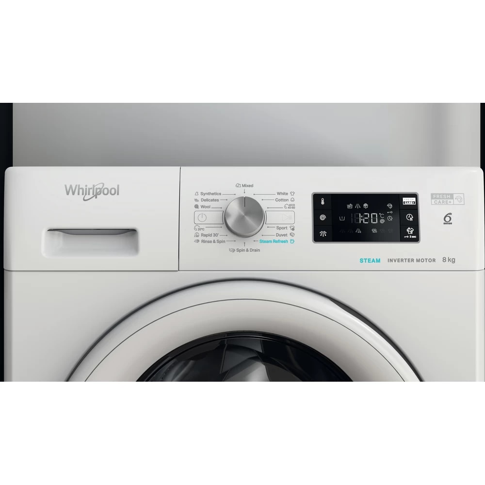 Masina de spalat rufe Whirlpool FreshCare+ FFB 8258 WV EE, 8 kg, 1200 rpm, Clasa B, Steam Refresh, Tehnologia al-6lea Simt, Motor Inverter, Alb