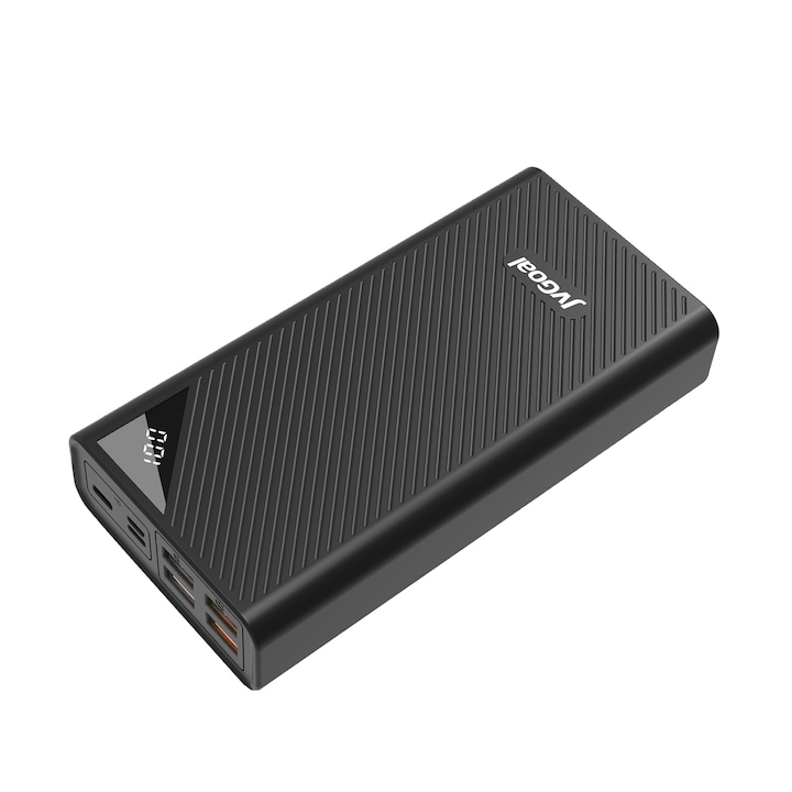 Baterie externa, JvGoal®, 30000mAh, Quick Charge, Display LCD, 4 x USB/USB-C/MicroUSB/Tip Lightning, Negru