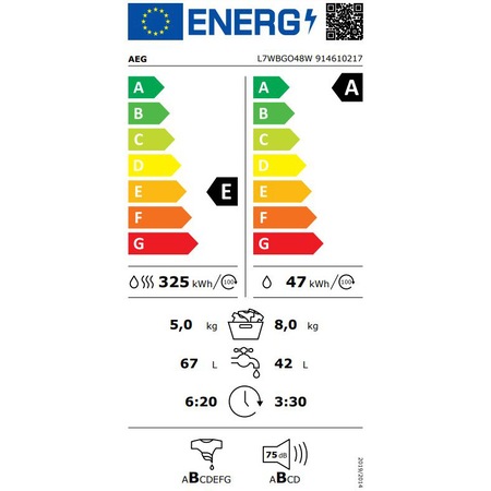 Masina de spalat rufe cu uscator AEG L7WBGO48W, Spalare 8 kg, Uscare 5 kg, 1400 rpm, Clase A, Motor OKOInverter, Display LED touch control, DualSense, ProSteam, ProSense, AquaControl, Alb