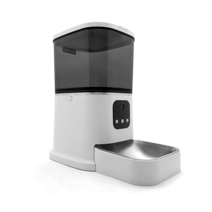Hranitor automat inteligent pentru caini si pisici, cu Camera Video Full HD, Wi-Fi, control aplicatie Tuya/Smart Life, capacitate 6L, dozator programabil, audio bidirectional, inregistrare voce, bol inox, alimentare dubla, portii reglabile