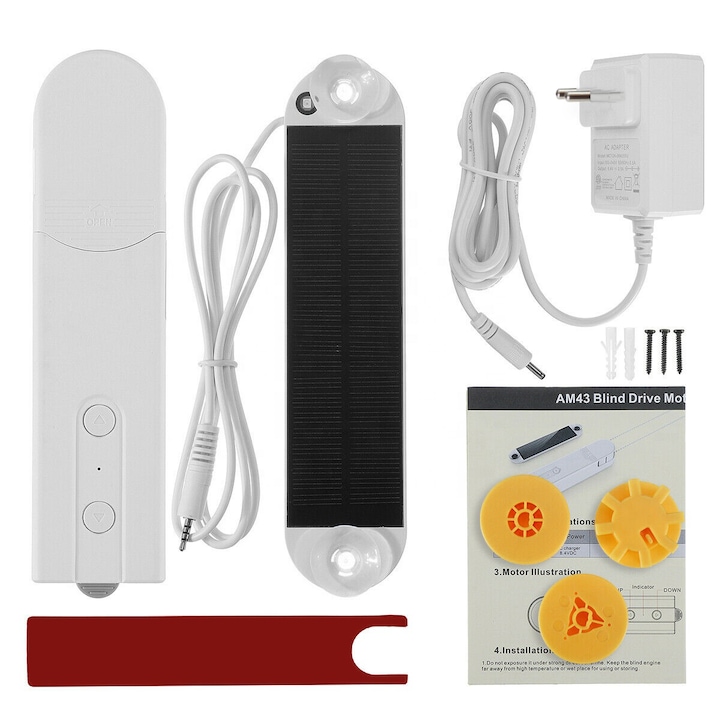 Controller inteligent pentru jaluzele si rulouri cu lant model AM-43, compatibil WiFi si ZigBee prin aplicatia Tuya / Smart Life, cu alimentare solara prin panou inclus, adaptor retea si acumulator integrat, permite automatizare avansata