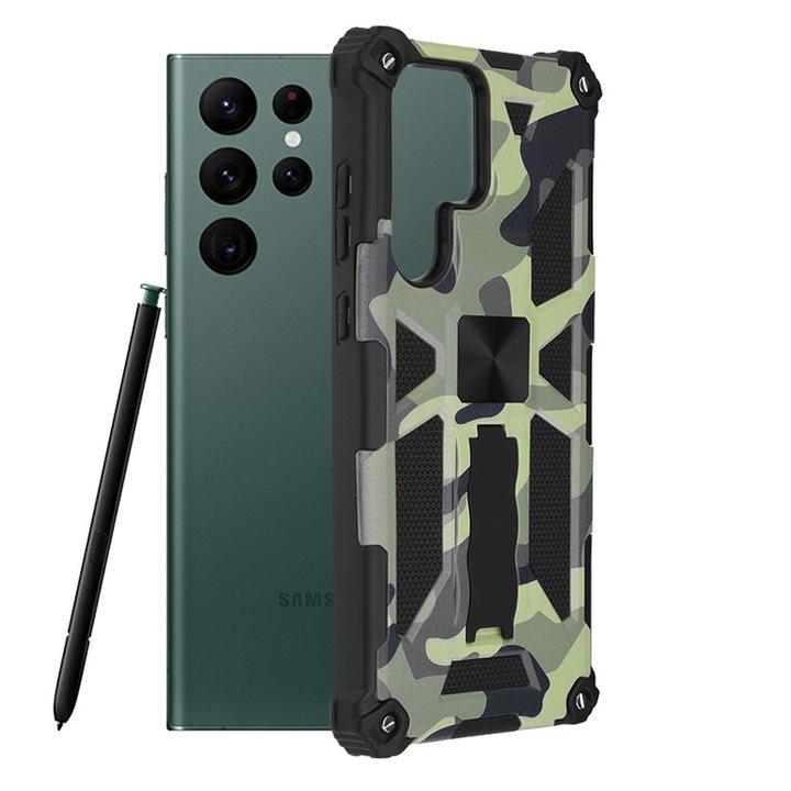 Husa pentru Samsung Galaxy S22 Ultra 5G, Poliuretan, Camo Lime