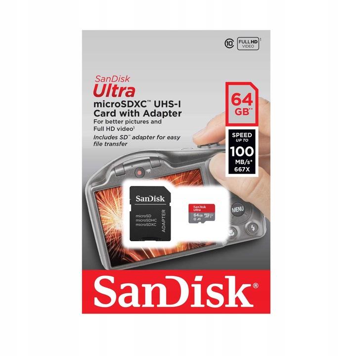 Card de memorie SanDisk, microSDXC, 64 GB, 100 MB/s, A1 Class 10 UHS-I, Adaptor SD
