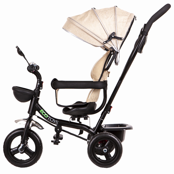 Tolható, háromkerekű tricikli 360°-ban forgatható üléssel, napellenzővel, fekete-bézs