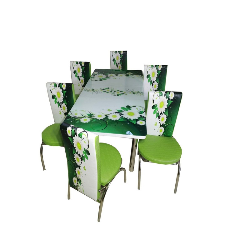 Set masa extensibila cu 6 scaune , green garden, globalmobila,170x80x70 cm, piele eco blat geam securizat