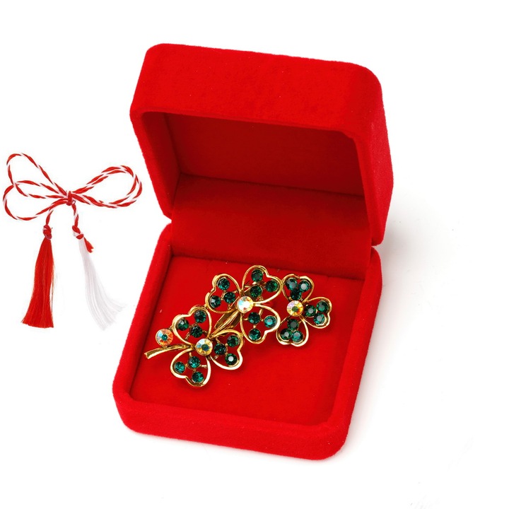 Martisor, lóhere bross csiszolt kövekkel bársonydobozban, zöld