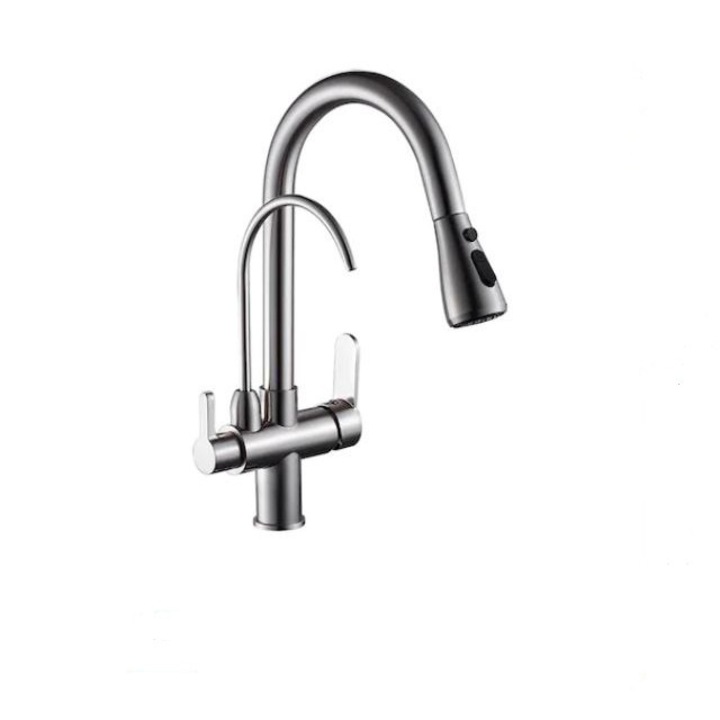Смесител за кухня за плот, 3 функции за воден поток, никелиран, с 2 крана и издърпващ се душ, AquaSpa