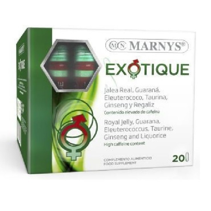MARNYS Exotique 5 energizálóval – szibériai ginzeng, panax ginzeng, méhpempő, guarana, taurin a revitalizációért, a vitalitásért és a fáradtság csökkentéséért – 20 ampulla