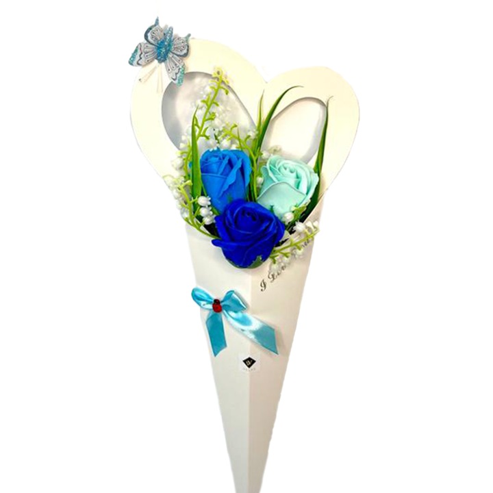 Aranjament floral, vestirea primaverii cu 3 trandafiri din sapun si margaritari, albastru-turcoaz, 47 cm