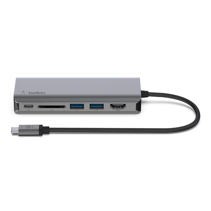 USB-C 6-в-1 многопортов хъб адаптер, Belkin, Сив